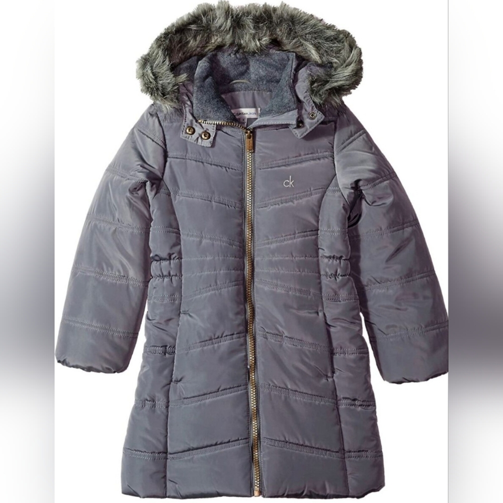 Calvin Klein Girls' Long Length Gray Hooded Puffer Jacket with Fleece Lining  7
